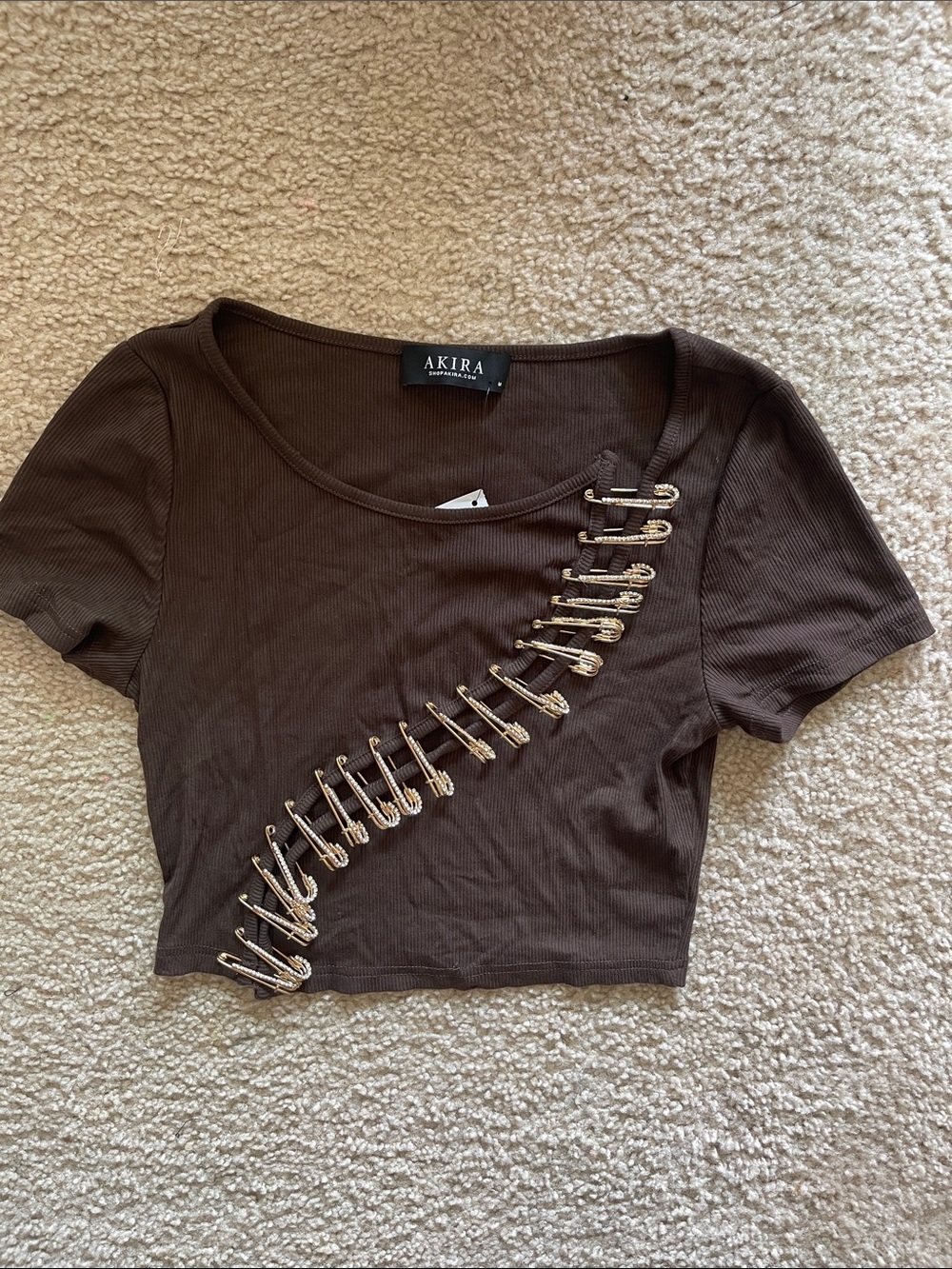 AKIRA Chocolate Brown Ribbed Safety Pin Accent Crop Top